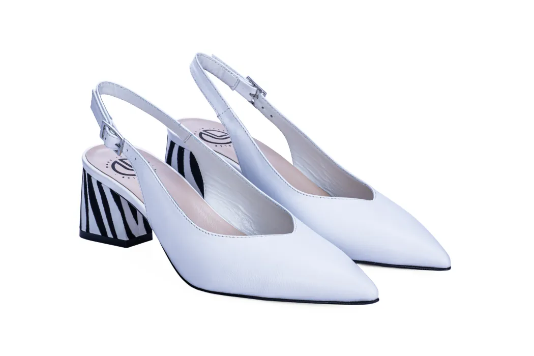 Dècollettè slingback, scarpe donna eleganti in pelle nappa sfoderata, colore bianco, tacco medio, 50mm