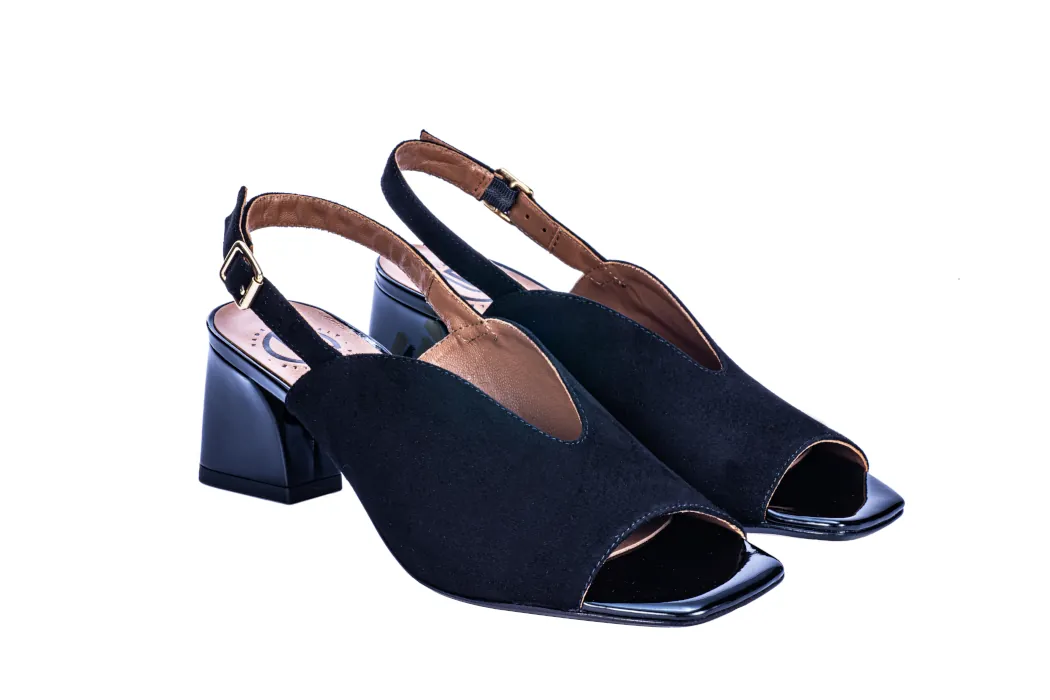 Open-toe slingback, elegant women's sandals in leather, suede, black color, medium heel, 50 mm