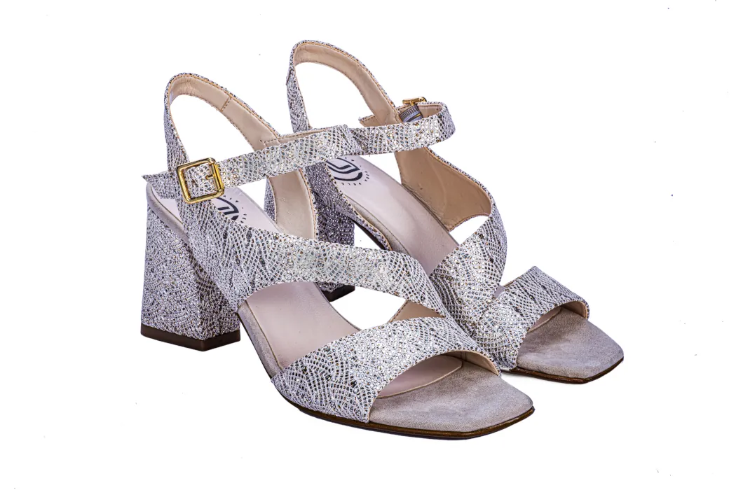 Elegant women's sandals in leather and glittered silver fabric, high heel, 70 mm
