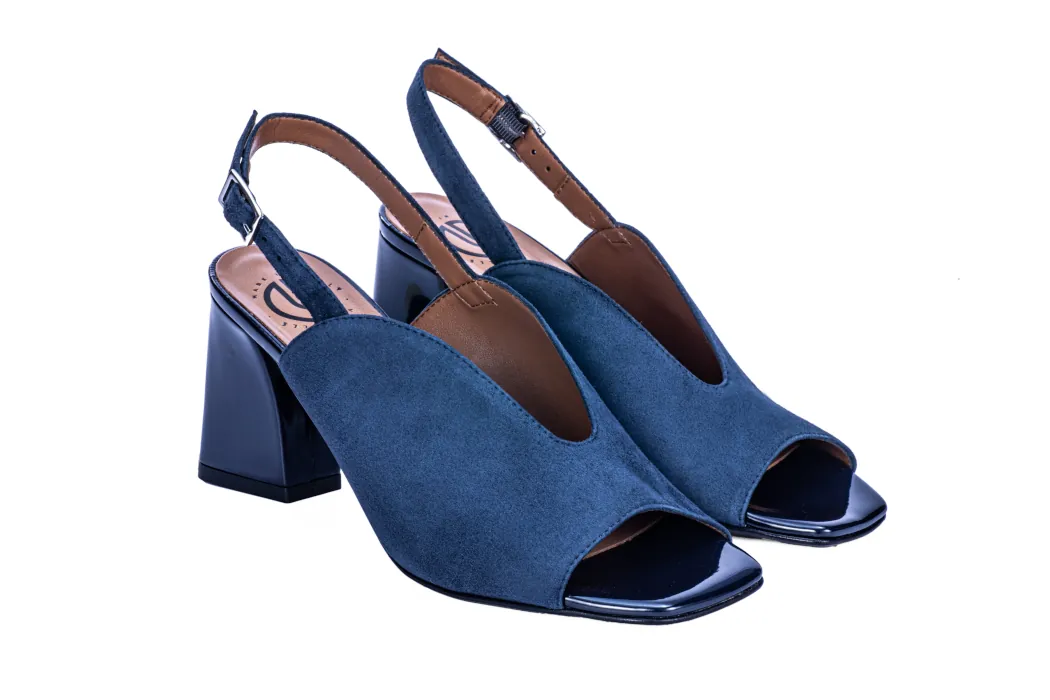 Open-toe slingback, elegant women's suede sandals, ocean blue color, high heel 70 mm