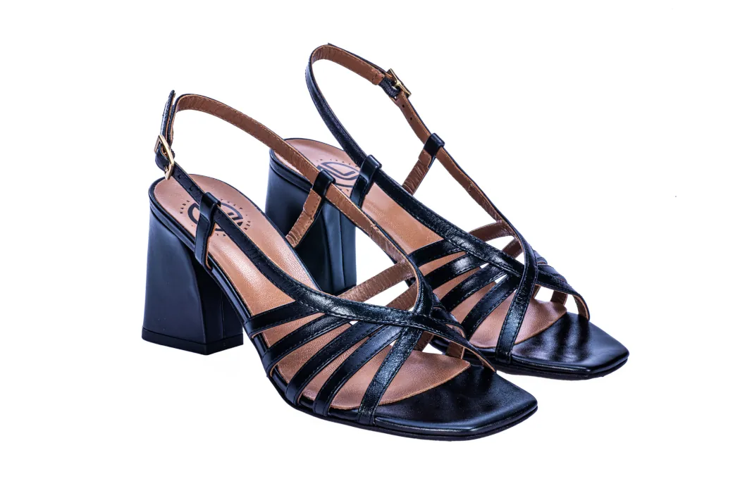 Elegant women's sandals in leather, laminated nappa, black color, high heel 70 mm