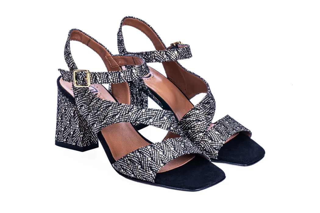 Elegant women's sandals in leather and black and gold glittered fabric, high heel, 70 mm
