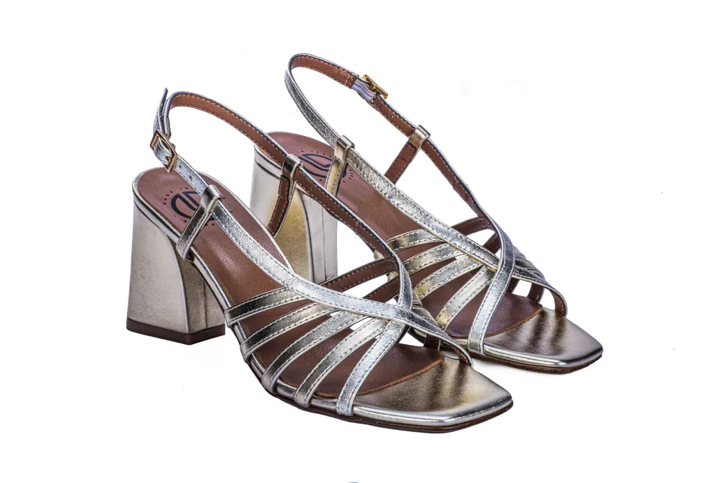 Elegant women's sandals in laminated nappa leather, platinum color; high heel, 70 mm