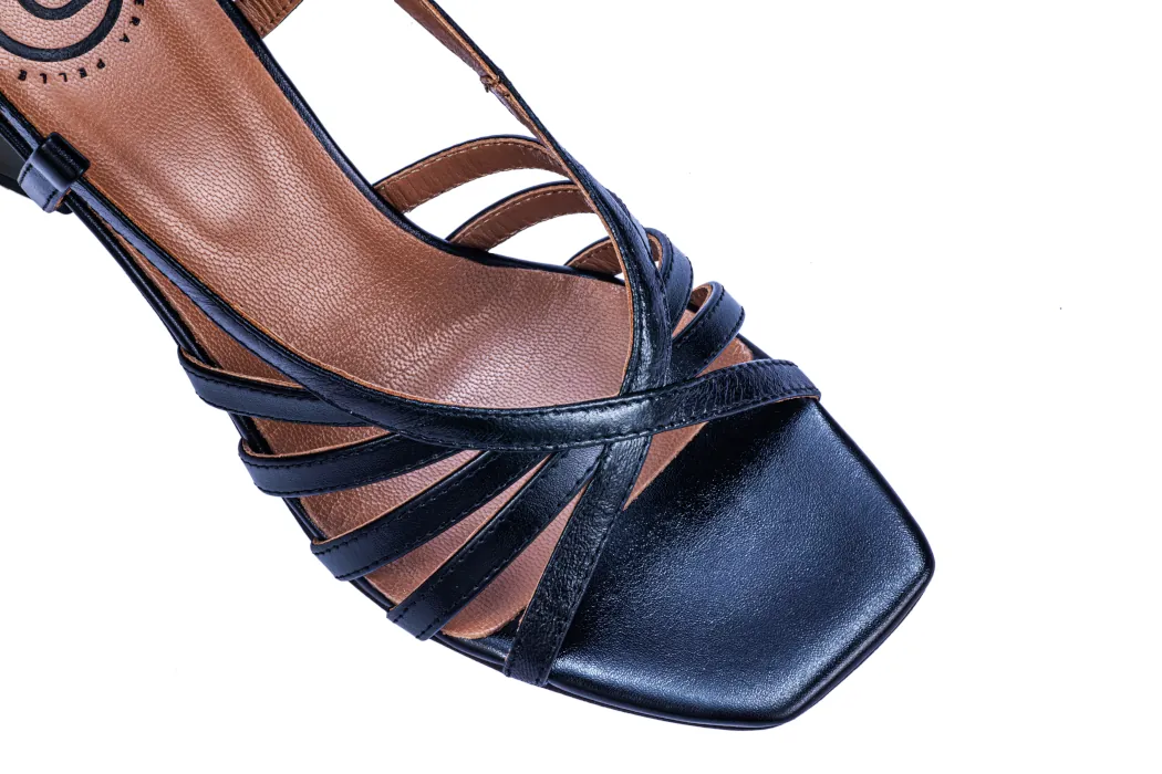 Elegant women's sandals in leather, laminated nappa, black color, high heel 70.