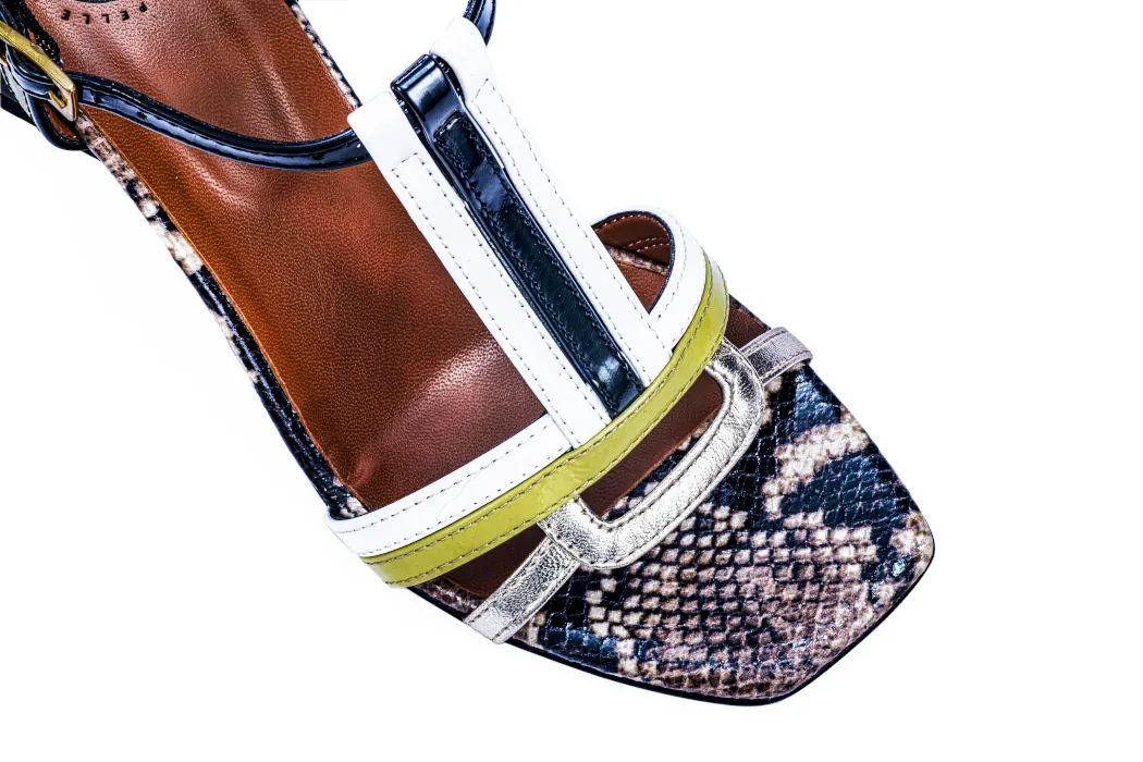 Elegant women's sandals in leather, nappa, black and white color, with platinum laminated and yellow patent bands; 