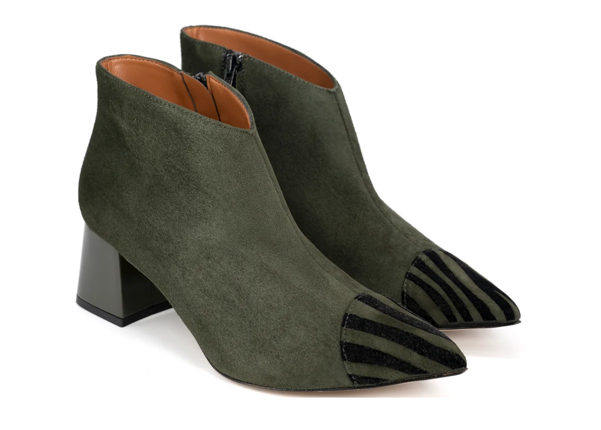 Woman Ankle Boot in Green Suede Leather, Zebra Tip