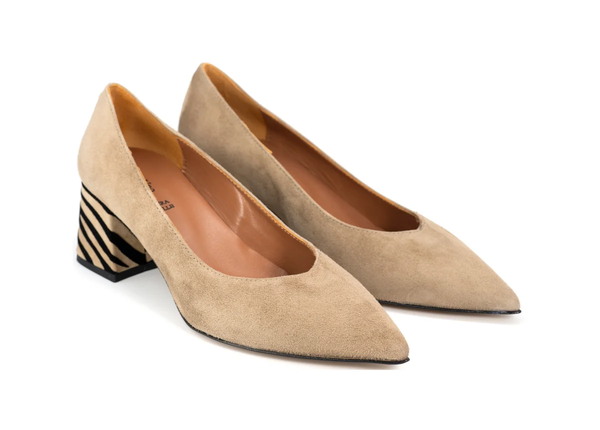 Woman Shoe Pump in Taupe Suede Leather, Zebra Heel.